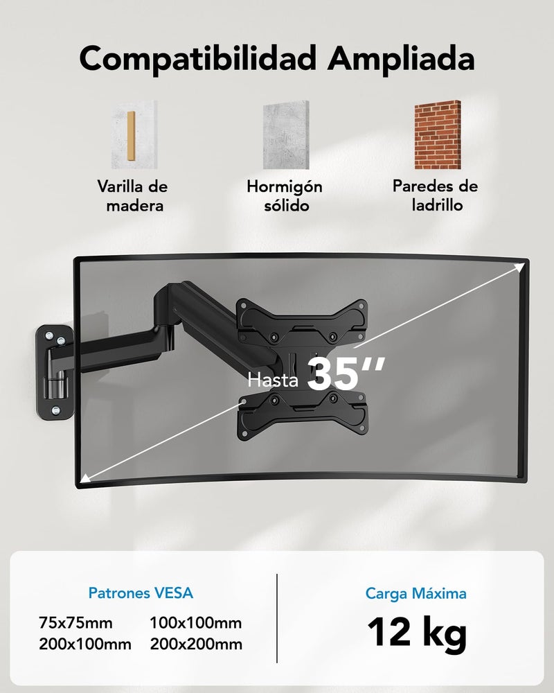 HUANUO Computer Monitor Wall Mount for 22"-35" Screens, Gaming Wall Mount Monitor Arm Holds up to 26.4lbs, Vesa Mount with Tilt, Swivel, Rotation, Supports 75x75mm, 100x100mm, 200x200mm, Black - Image 2